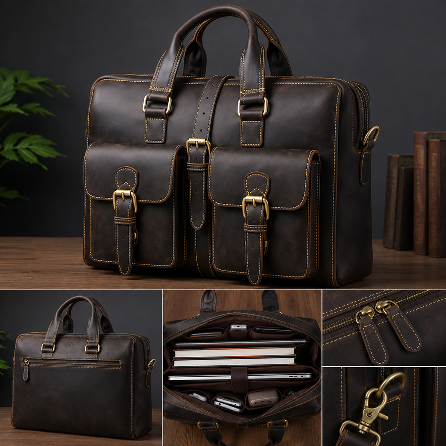 GENTELUXIO™ Heritage Voyager Briefcase – Premium Crazy Horse Leather Laptop Bag