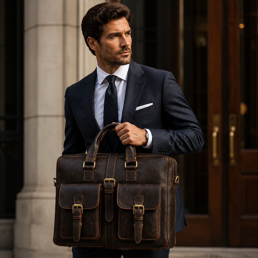 GENTELUXIO™ Heritage Voyager Briefcase – Premium Crazy Horse Leather Laptop Bag
