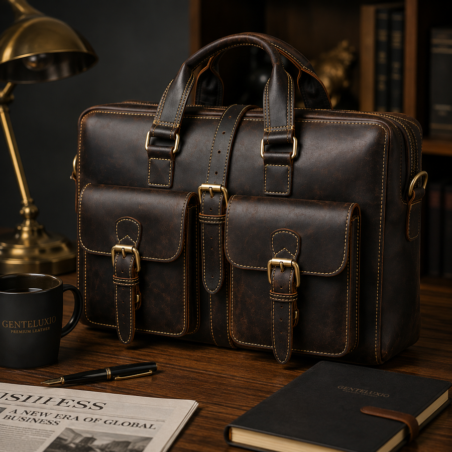 GENTELUXIO™ Heritage Voyager Briefcase – Premium Crazy Horse Leather Laptop Bag