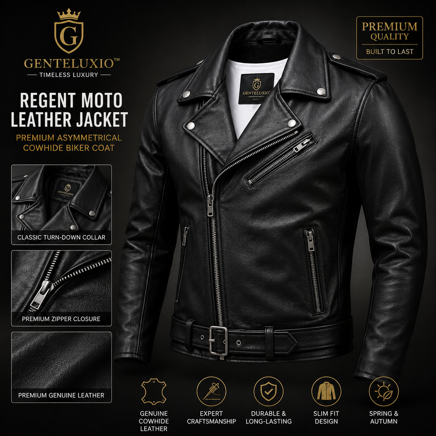 GENTELUXIO™ Regent Moto Leather Jacket – Premium Asymmetrical Cowhide Biker Coat
