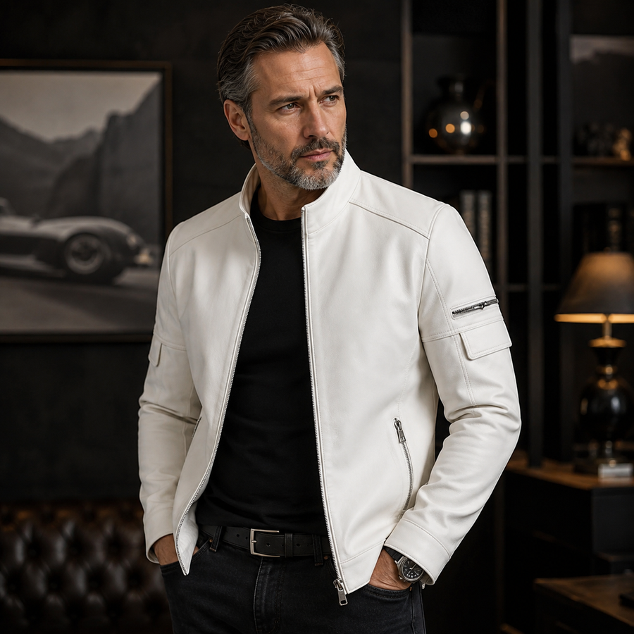 GENTELUXIO™ Alpine Prestige Leather Jacket – Premium White Stand Collar Motorcycle Coat