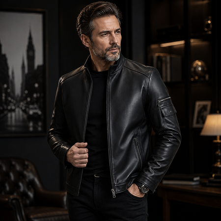 GENTELUXIO™ Alpine Prestige Leather Jacket – Premium White Stand Collar Motorcycle Coat