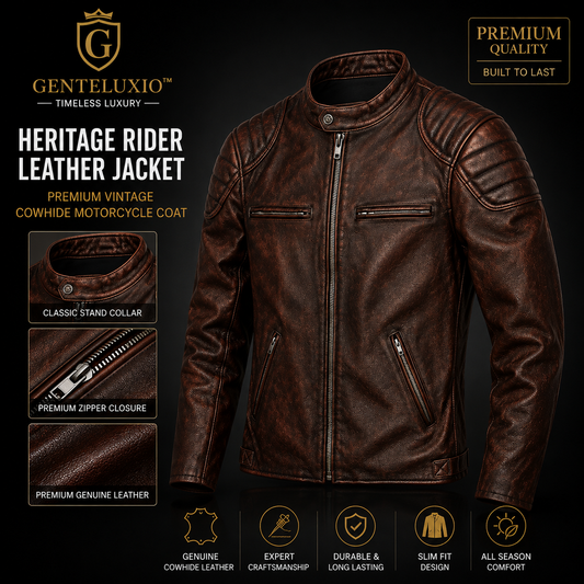 GENTELUXIO™ Heritage Rider Leather Jacket – Premium Vintage Cowhide Motorcycle Coat