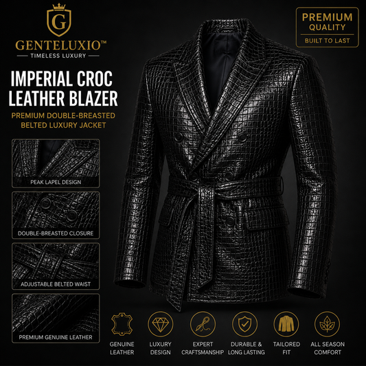 GENTELUXIO™ Imperial Croc Leather Blazer – Premium Double-Breasted Belted Luxury Jacket