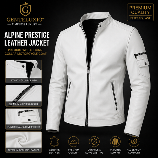 GENTELUXIO™ Alpine Prestige Leather Jacket – Premium White Stand Collar Motorcycle Coat
