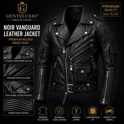 GENTELUXIO™ Noir Vanguard Leather Jacket – Premium Belted Biker Coat