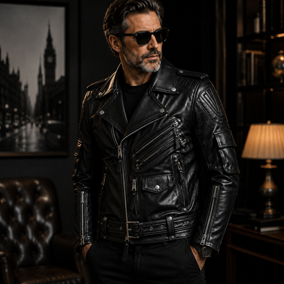 GENTELUXIO™ Noir Vanguard Leather Jacket – Premium Belted Biker Coat