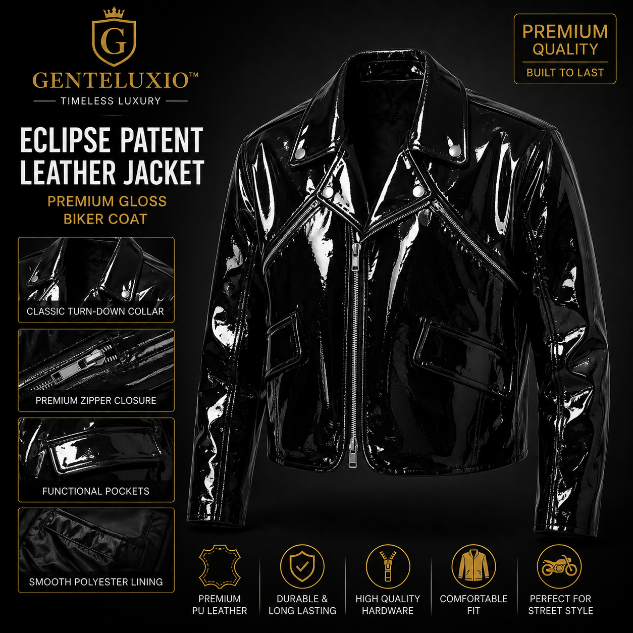 GENTELUXIO™ Eclipse Patent Leather Jacket – Premium Gloss Biker Coat