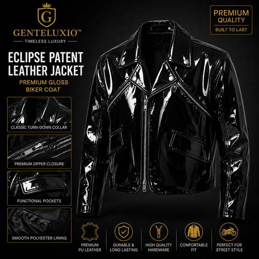 GENTELUXIO™ Eclipse Patent Leather Jacket – Premium Gloss Biker Coat