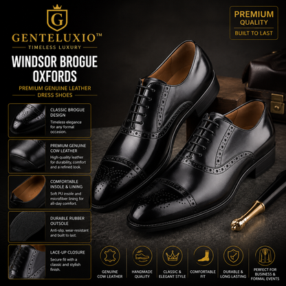 GENTELUXIO™ Windsor Brogue Oxfords – Premium Genuine Leather Dress Shoes