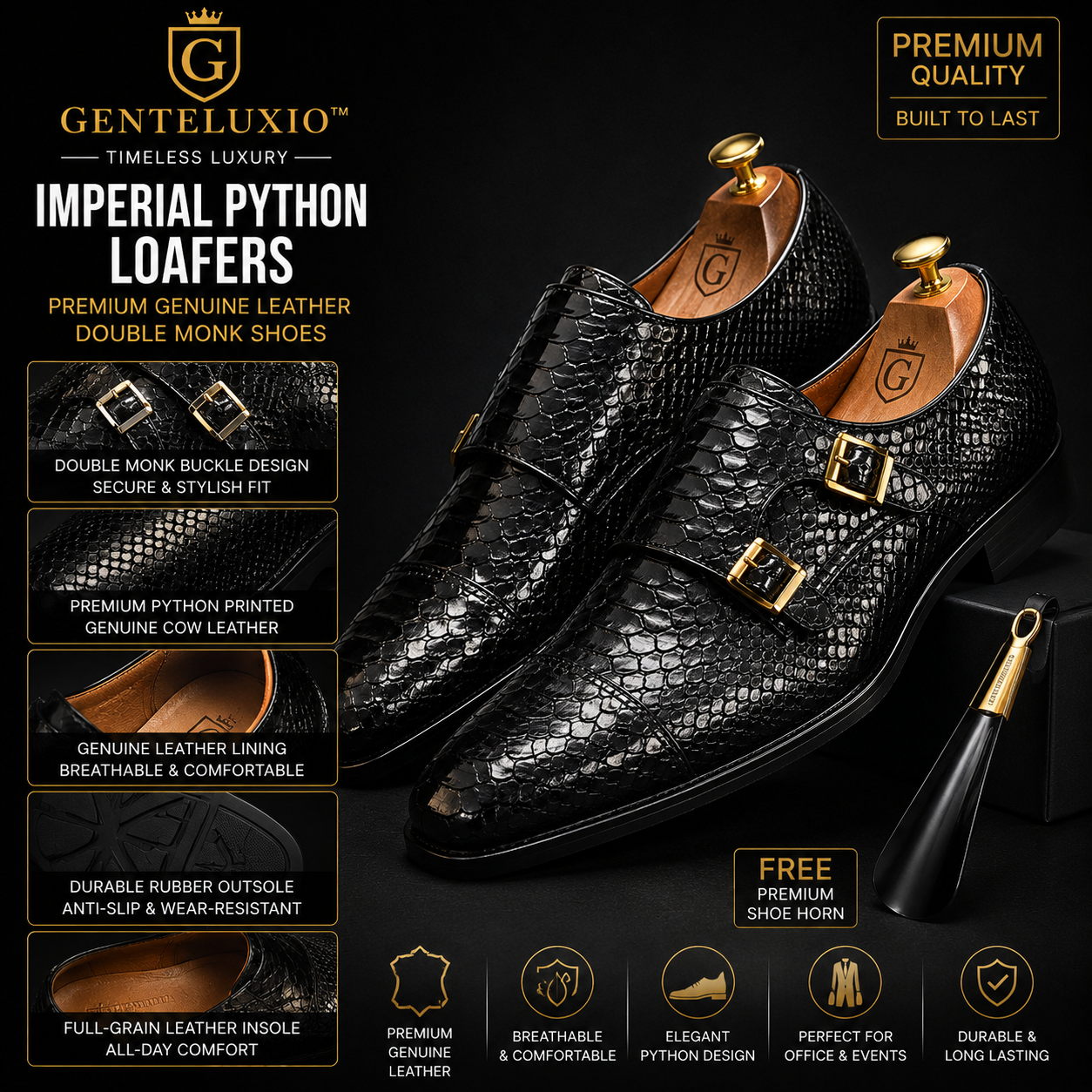 GENTELUXIO™ Imperial Python Loafers – Premium Genuine Leather Double Monk Shoes