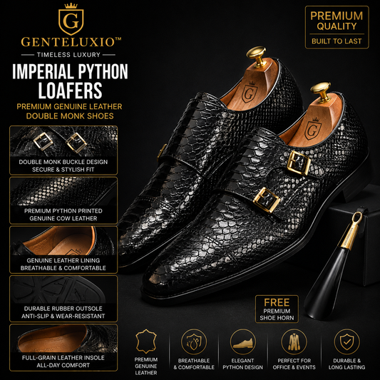 GENTELUXIO™ Imperial Python Loafers – Premium Genuine Leather Double Monk Shoes