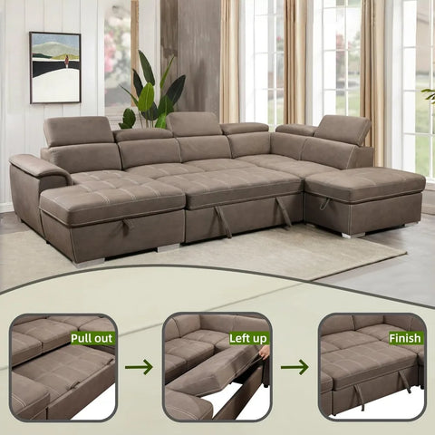 GrandVista Pro — 127" U-Shaped Microfiber Sectional Sleeper Sofa with Pull-Out Bed ( 🚚 Fast Shipping: Delivered in 4–7 Business Days )