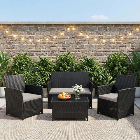 4-Piece Outdoor Patio Furniture Set, Sectional Wicker Sofa with Rattan Couch for Balcony, Porch, or Backyard (Black-Light-Grey) - ( 🚚 Fast Shipping: Delivered in 4–10 Business Days )