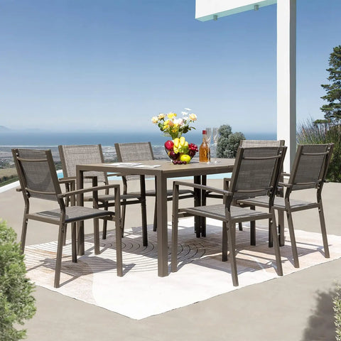 AlFresco Elite — 7-Piece Outdoor Dining Set, Weather-Resistant Table with 6 Stackable Textilene Chairs