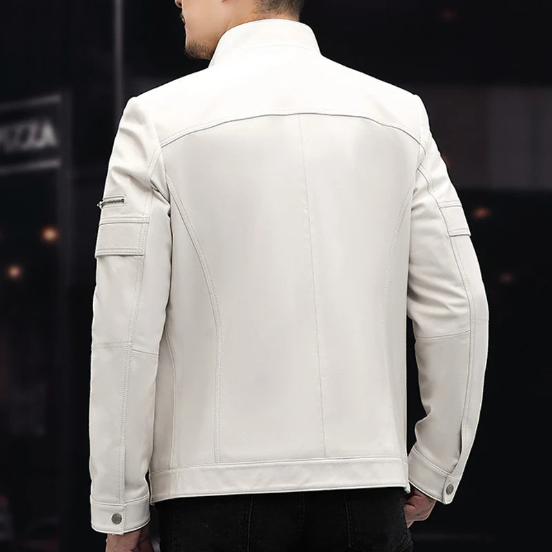 GENTELUXIO™ Alpine Prestige Leather Jacket – Premium White Stand Collar Motorcycle Coat
