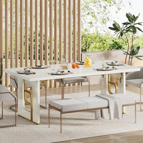 GoldenArch Elite — 71" Modern Dining Table for 6–8, Metal Legs, Beige Gold, Customizable
