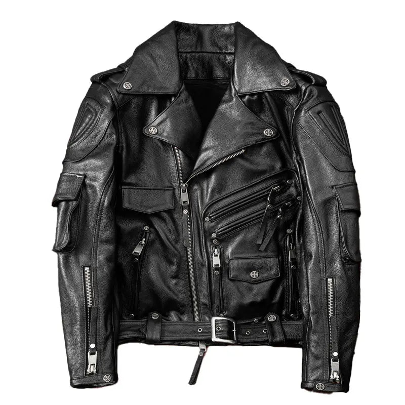 GENTELUXIO™ Noir Vanguard Leather Jacket – Premium Belted Biker Coat