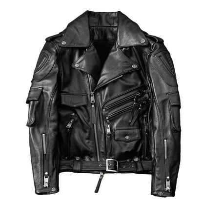 GENTELUXIO™ Noir Vanguard Leather Jacket – Premium Belted Biker Coat