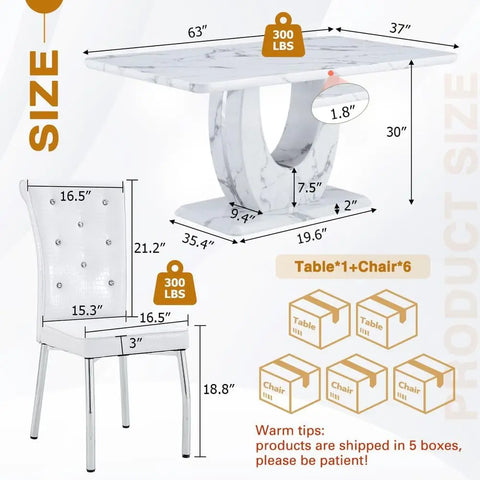 CarraraGrand Elite — 63" White Marble 7-Piece Dining Set with U-Pedestal & 6 Luxury High-Back Chairs ( 🚚 Fast Shipping: Delivered in 4–7 Business Days )