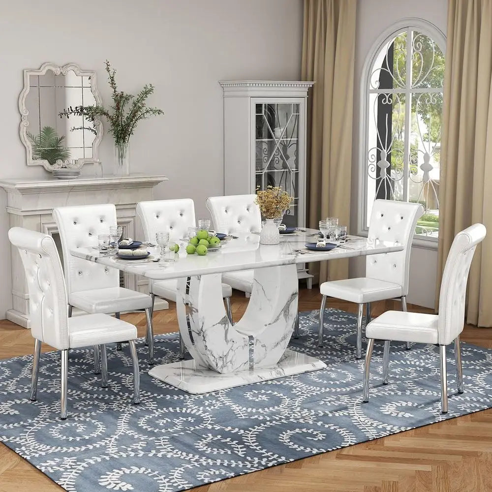 CarraraGrand Elite — 63" White Marble 7-Piece Dining Set with U-Pedestal & 6 Luxury High-Back Chairs ( 🚚 Fast Shipping: Delivered in 4–7 Business Days )