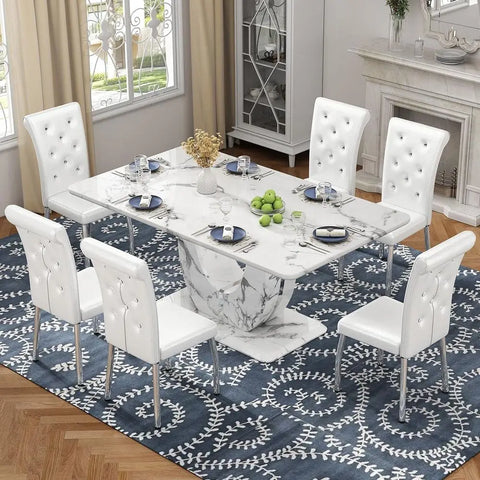 CarraraGrand Elite — 63" White Marble 7-Piece Dining Set with U-Pedestal & 6 Luxury High-Back Chairs ( 🚚 Fast Shipping: Delivered in 4–7 Business Days )