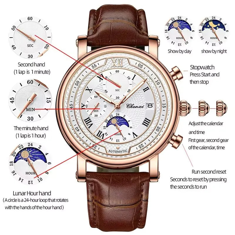 Chenxi 976 Tsuki Lunar Chronograph Leather Strap Men’s Watch