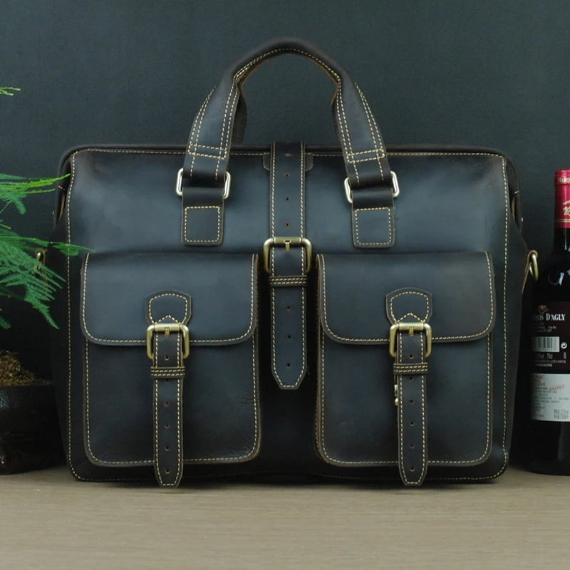GENTELUXIO™ Heritage Voyager Briefcase – Premium Crazy Horse Leather Laptop Bag