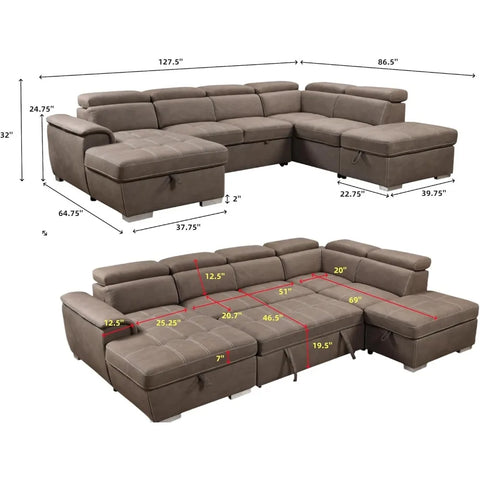 GrandVista Pro — 127" U-Shaped Microfiber Sectional Sleeper Sofa with Pull-Out Bed ( 🚚 Fast Shipping: Delivered in 4–7 Business Days )