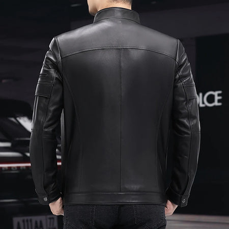 GENTELUXIO™ Alpine Prestige Leather Jacket – Premium White Stand Collar Motorcycle Coat