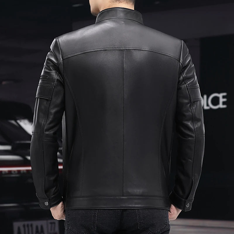 GENTELUXIO™ Alpine Prestige Leather Jacket – Premium White Stand Collar Motorcycle Coat
