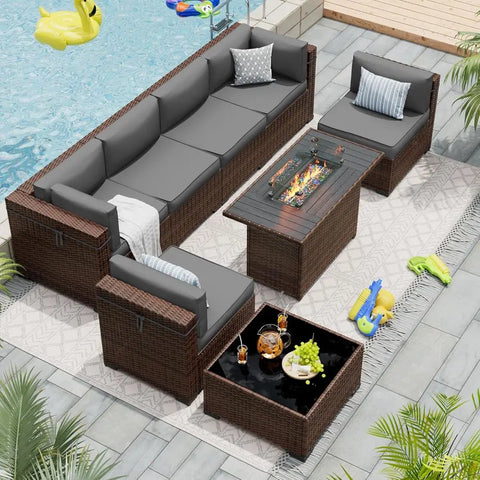 HearthHaven Luxe — 44" Propane Gas Fire Pit Sectional Patio Sofa Set with Waterproof Covers, Grey ( 🚚 Fast Shipping: Delivered in 4–10 Business Days )