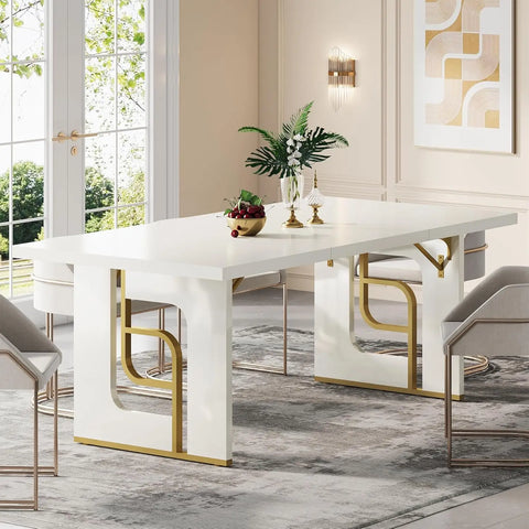 GoldenArch Elite — 71" Modern Dining Table for 6–8, Metal Legs, Beige Gold, Customizable