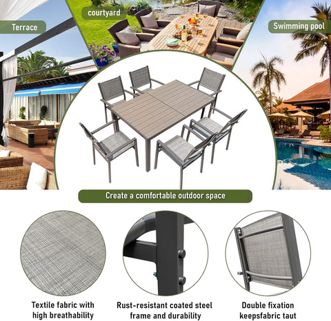 AlFresco Elite — 7-Piece Outdoor Dining Set, Weather-Resistant Table with 6 Stackable Textilene Chairs