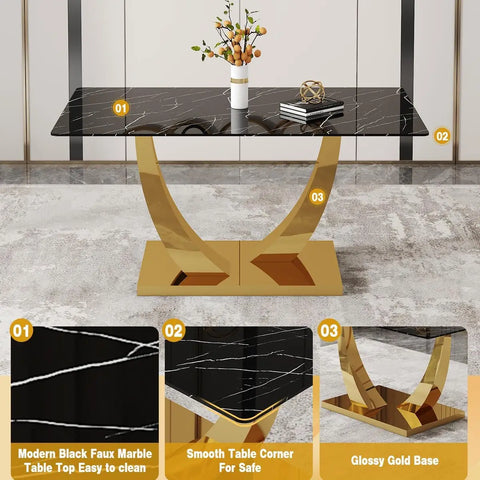 GoldCrest Elite — 63" Modern Black & Gold Dining Room Table Set for 6 with PU Leather Chairs ( 🚚 Fast Shipping: Delivered in 4–7 Business Days )