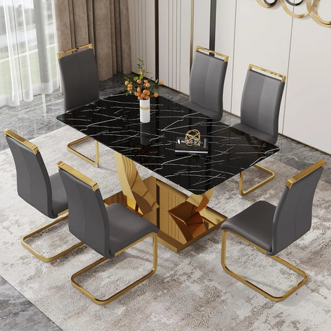 GoldCrest Elite — 63" Modern Black & Gold Dining Room Table Set for 6 with PU Leather Chairs ( 🚚 Fast Shipping: Delivered in 4–7 Business Days )