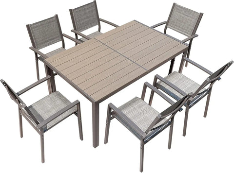 AlFresco Elite — 7-Piece Outdoor Dining Set, Weather-Resistant Table with 6 Stackable Textilene Chairs