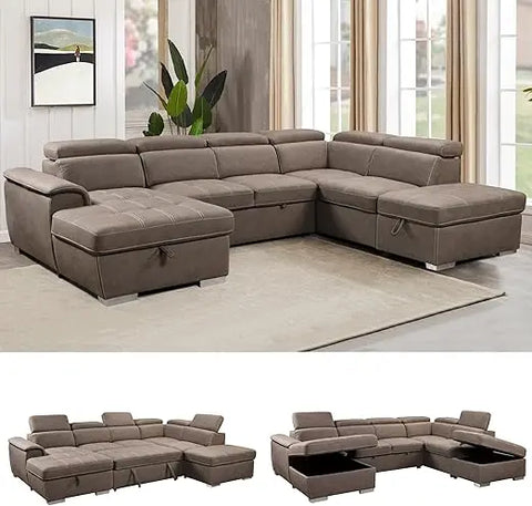 GrandVista Pro — 127" U-Shaped Microfiber Sectional Sleeper Sofa with Pull-Out Bed ( 🚚 Fast Shipping: Delivered in 4–7 Business Days )