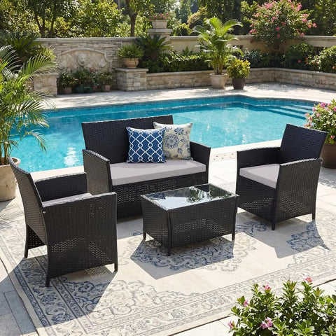 4-Piece Outdoor Patio Furniture Set, Sectional Wicker Sofa with Rattan Couch for Balcony, Porch, or Backyard (Black-Light-Grey) - ( 🚚 Fast Shipping: Delivered in 4–10 Business Days )