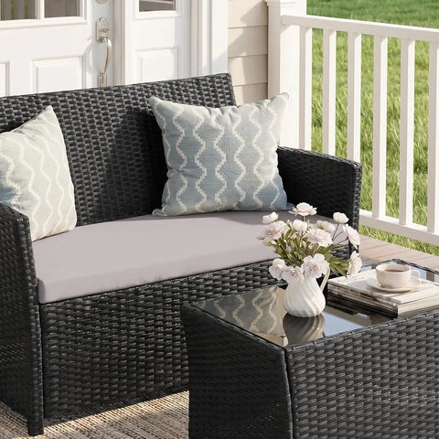 4-Piece Outdoor Patio Furniture Set, Sectional Wicker Sofa with Rattan Couch for Balcony, Porch, or Backyard (Black-Light-Grey) - ( 🚚 Fast Shipping: Delivered in 4–10 Business Days )