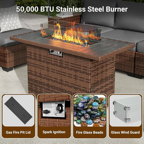 HearthHaven Luxe — 44" Propane Gas Fire Pit Sectional Patio Sofa Set with Waterproof Covers, Grey ( 🚚 Fast Shipping: Delivered in 4–10 Business Days )