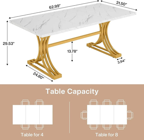 MarbleCrest Pro — 63" Modern Rectangular Dining Table for 4–6, Faux Marble Top
