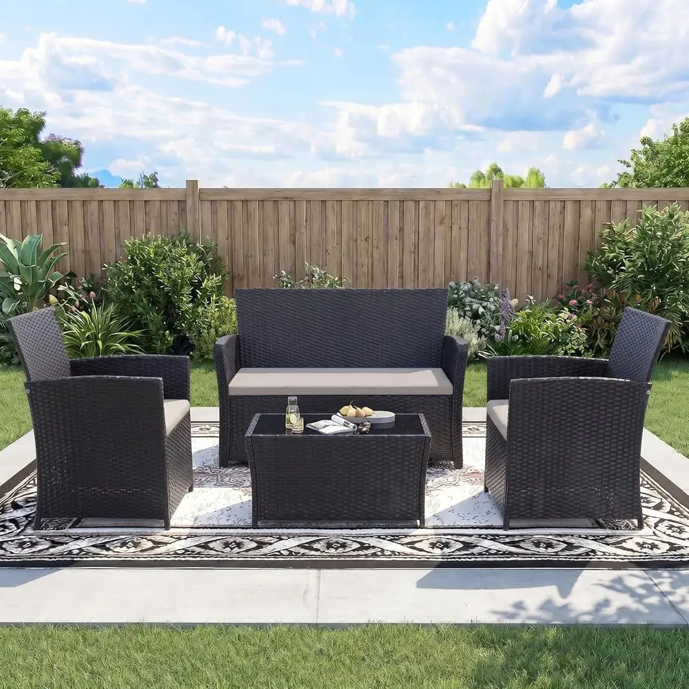 4-Piece Outdoor Patio Furniture Set, Sectional Wicker Sofa with Rattan Couch for Balcony, Porch, or Backyard (Black-Light-Grey) - ( 🚚 Fast Shipping: Delivered in 4–10 Business Days )