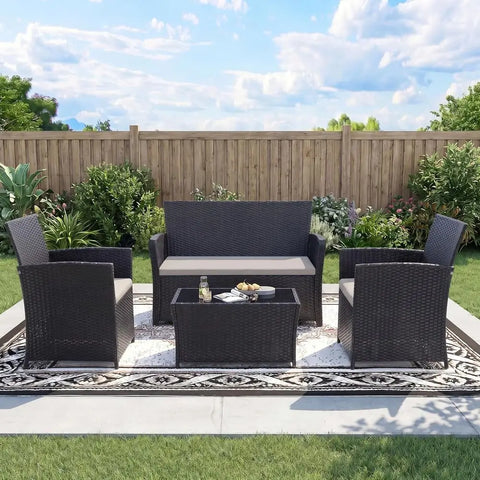 4-Piece Outdoor Patio Furniture Set, Sectional Wicker Sofa with Rattan Couch for Balcony, Porch, or Backyard (Black-Light-Grey) - ( 🚚 Fast Shipping: Delivered in 4–10 Business Days )