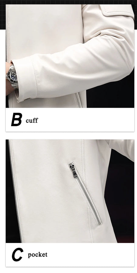 GENTELUXIO™ Alpine Prestige Leather Jacket – Premium White Stand Collar Motorcycle Coat