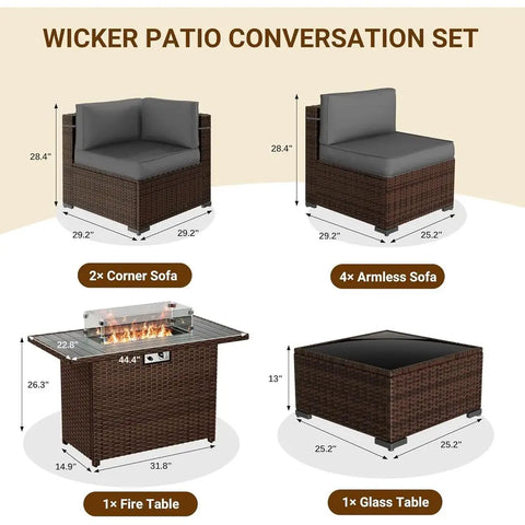 HearthHaven Luxe — 44" Propane Gas Fire Pit Sectional Patio Sofa Set with Waterproof Covers, Grey ( 🚚 Fast Shipping: Delivered in 4–10 Business Days )