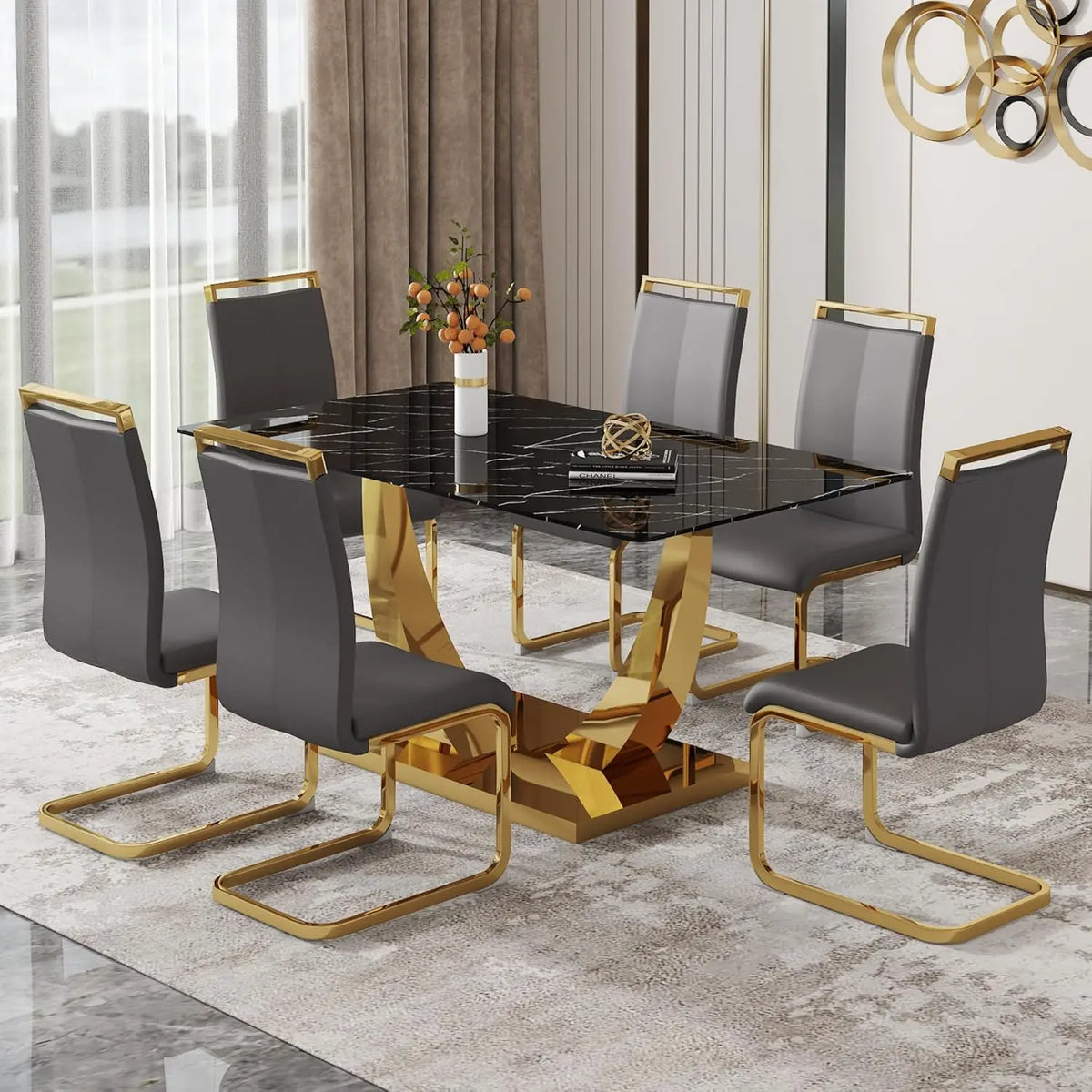 GoldCrest Elite — 63" Modern Black & Gold Dining Room Table Set for 6 with PU Leather Chairs ( 🚚 Fast Shipping: Delivered in 4–7 Business Days )