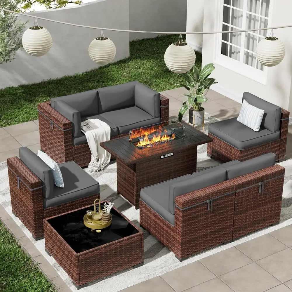 HearthHaven Luxe — 44" Propane Gas Fire Pit Sectional Patio Sofa Set with Waterproof Covers, Grey ( 🚚 Fast Shipping: Delivered in 4–10 Business Days )