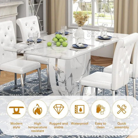 CarraraGrand Elite — 63" White Marble 7-Piece Dining Set with U-Pedestal & 6 Luxury High-Back Chairs ( 🚚 Fast Shipping: Delivered in 4–7 Business Days )