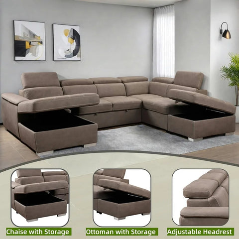 GrandVista Pro — 127" U-Shaped Microfiber Sectional Sleeper Sofa with Pull-Out Bed ( 🚚 Fast Shipping: Delivered in 4–7 Business Days )